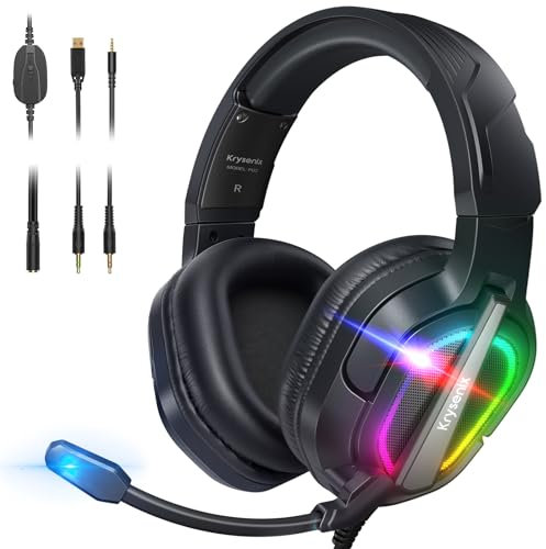 Krysenix PG2 Cuffie Gaming per PS4, PS5, PC, Xbox, Nintendo Switch, Cuffie con Microfono Stereo AI, Cuffie con jack da 3,5 mm e Luce RGB, Nero