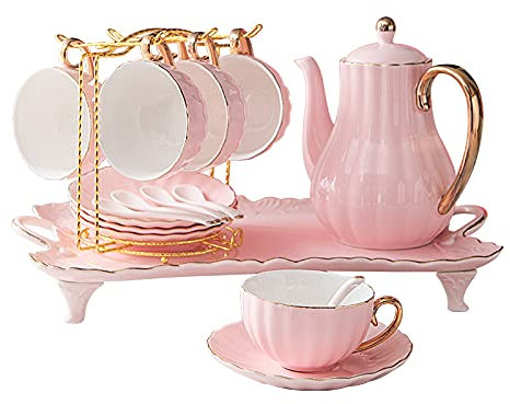 HWSY Utility-Teeservice aus Porzellan für Erwachsene, rosa Kaffeetassen- und Untertassen-Set, Kaffeetassen-Set mit Metallhalter für Damen und Mädchen, Teekannen Interesting