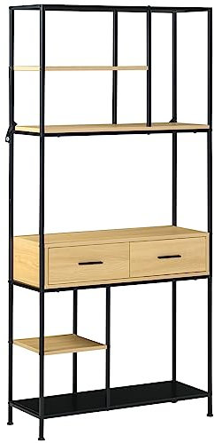 HOMCOM Bücherregal, Küchenregal mit 4 Ebenen, Standregal mit Schublade, Aufbewahrungsregal im Industriedesign, Lagerregal für Wohnzimmer, Schlafzimmer, Stahl, Eiche