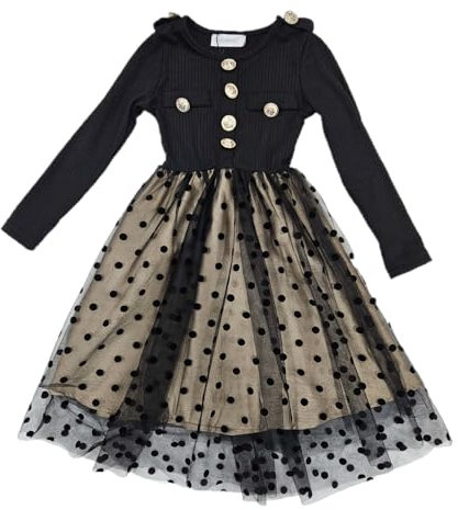 CHICAPRIE Robe Noir Fille avec Boutons Dorés et Voilage Petit Pois (FR/ES, Âge, 12 Ans, Taille Normale)