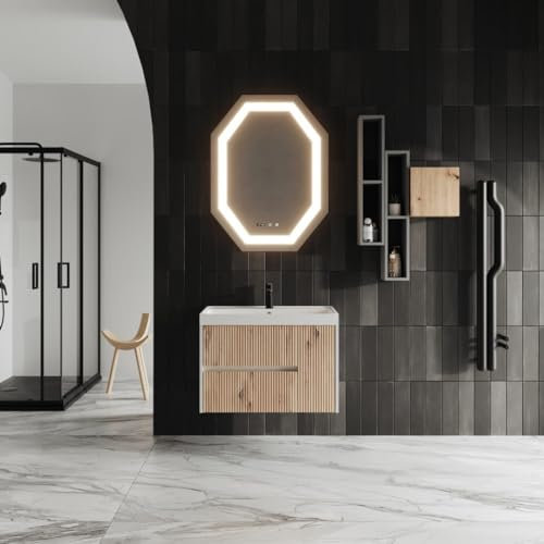 KIAMAMI VALENTINA Unterschrank in goldeiche geriffelt in 80cm mit Waschtisch und Led Lichtspiegel | Cortina
