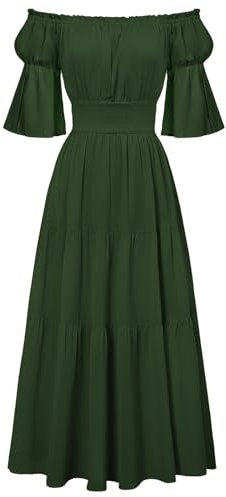 SCARLET DARKNESS Womens Maxi Vintage Pirate Green Dress Off The Shoulder Medieval Renaissance Long Dress for Summer Short Sleeve Victorian Party Dress M