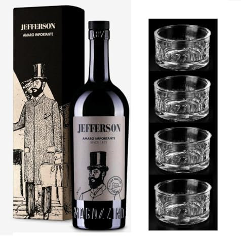 Jefferson Amaro importante 700 ml astucciato + 4 Bicchieri 'Equilibrio' confezione elegantissima originale vecchio magazzino doganale - idea regalo Natale