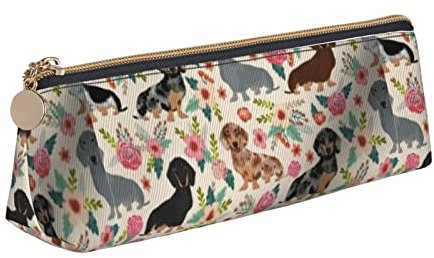 Atasc Dackel Hund und Flaower Muster Bleistift Tasche Dreieck Stift Fall Tragbare Bleistift Tasche Leder Organizer mit Reißverschluss Kosmetiktasche Tasche, siehe abbildung, Einheitsgröße,