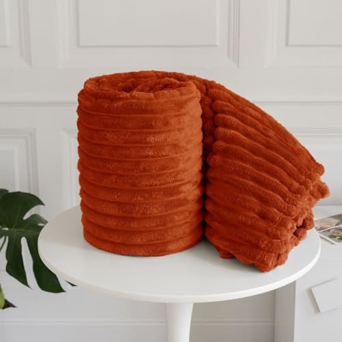 Artistic Fashionista Limited New Chunky Ribbed Cord Thermal Faux Fur Velvet Mink Throw Blanket Soft Warm Thick Bed Sofa Throw Double King (Orange, Double - 150x200cm)