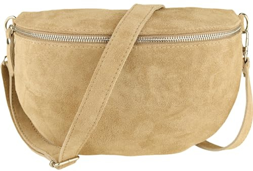 MIRROSI® Bauchtasche Damen, Made in Italy, Echtleder Umhängetasche Echtes Leder, Brusttasche, Crossbody Bag aus WLD Veloursleder, in 3 Größen erhältlich (D.Beige WLD Silberner Reißverschluss) (Gr.S)