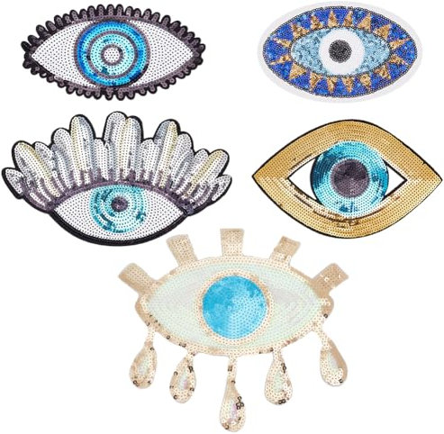 INFUNLY 5pcs Evil Eye Sequin Patches - Iron On, Sew On, Embroidery Patches & Adhesive Badges for DIY Clothing, Jeans, Bags, Jacket, Backpack, Hat