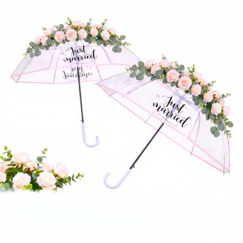Hestya 37.4 Inch Clear Umbrella with Just Married Printed Dome Umbrella Transparent Wedding See Through for Wedding Bridal Bridesmaid Ladies Party Supplies