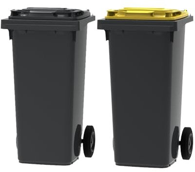ESE France Lot de 2 Conteneurs Poubelles à déchets 2 roues - 120L - 100% Recyclé - Gris avec Couvercle Gris et Jaune - Fabriqué en France