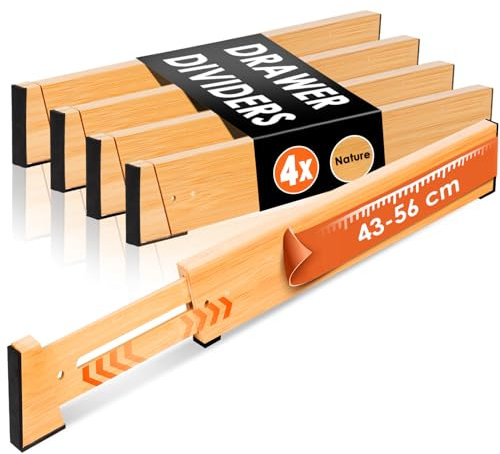 MUUKAIII Schubladentrenner Verstellbar (43-56 cm, 6 cm Hoch) 4er-Set Schubladen Organizer Küche, Schubladenteiler Bambus mit Anti-Rutsch Pads, Trenner für Schubladen Ordnungssystem, Natur
