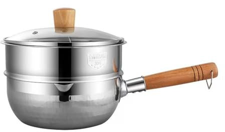RSBFER Traditional Japanese Yukihira Saucepan Nonstick Pot, Stainless Steel Milk Sauce Pan with Glass Lid and Food Steamer for Ramen, Milk,16cm/6.3in