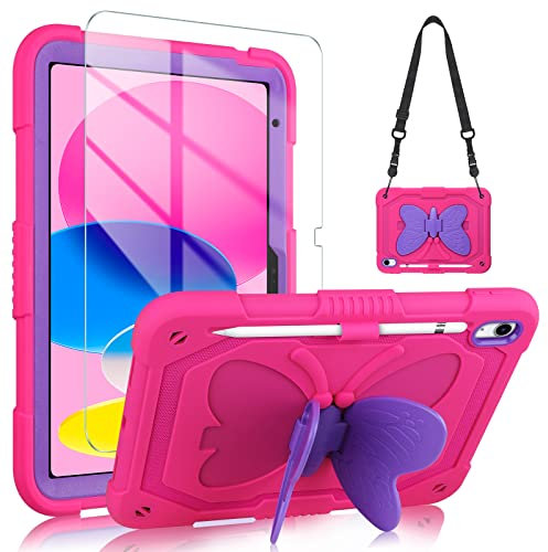 Aolcev Case for iPad (A16) 11th Generation 11 Inch 2025/iPad 10th Generation 10.9 Inch 2022 for Kids Girls with Butterfly Stand Screen Protector Pencil Holder Shoulder Strap Heavy Duty Shockproof Case