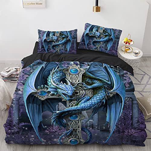 Bettbezug 135x200 Set Dunkler Dragon Motiv Bettwäsche 135x200 3-teiliges 3D Gotisch Drachen Waffen Schwert Druck Bettbezügen aus Mikrofaser mit 2 Kissenbezügen 80x80 cm und Reißverschluss Eckbänder
