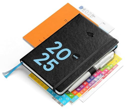 weekview compact note Premium 2025 - der clevere Wochenplaner! Organizer mit großem Notizteil / A6+ mit Sticker und Tafelkalender, Froschtasche, Stifschlaufe, Griffregister, Gmund Notizheft u. Stift