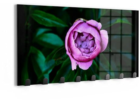 DEQORI Wandgarderobe Glas & Metall | Motiv Rosa Blütenzauber | 60x30 cm | Design Haken-Leiste modern | Garderoben-Paneel für Flur, Wohnzimmer & Schlafzimmer | magnetisch & beschreibbar