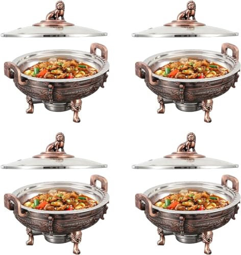 Confezione da 2/4 scaldavivande e scaldavivande, set di piatti rotondi per buffet per catering con padella e supporti per carburante, per cucina, feste, pranzi e buffet (bronzo rosso) (confezione da