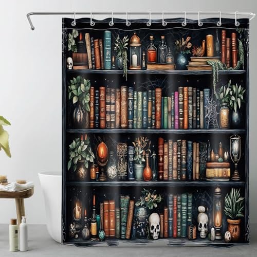 LB Vintage Bücherregal Duschvorhang 120x175cm(BxH) Hexenhafte magische Bücher Gothic Schädel Antischimmel Wasserdicht Badezimmer Vorhänge,Grün Pflanze Extra Kurz Polyester Stoff Bad Vorhang mit Haken