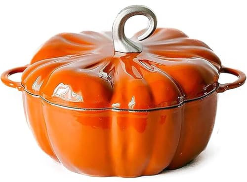 SHAIRMB Cacerola De Calabaza, Cazuela De Hierro Fundido Esmaltado De 3,7 L para Sopa, Cacerola con Forma De Calabaza, Cacerola con Revestimiento Antiadherente Y Tapa, Cacerola,Naranja,3.7L