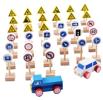 BESTonZON 35pièces Jeu De Panneaux Signalisation Bois Jouet Éducatif Apprentissage Circulation avec Blocs Et Petites Voitures Signalisation Routière pour Garçon Fille Matériel Pédagogique Po