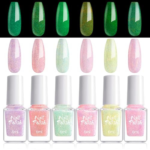 Glitter Nail Polish Sets, 6PCS Pink Purpke Shimmer Nail Varnish Quick Dry Long Lasting, Luminous Nail Polish Sets for Women, Reflective Nail Polish Gel No Need UV Nail Paint for DIY Nail Art