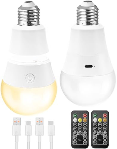 Qoolife Lampadina USB-C con telecomando, E27 LED ricaricabile con batteria, 3 colori dimmerabili, 7 W, con funzione temporizzata, 2 pezzi
