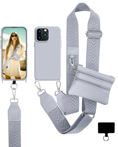 VooDirop Handykette mit Tasche Handyhülle für iPhone 15 Clip und Go Handyband zum Umhängen Lanyard Handyhülle mit Abnehmbar Kordel und Geldbörse
