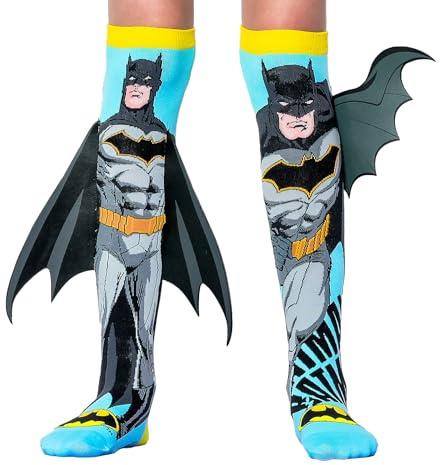 Madmia Batman Superman Socken: Farbenfrohe Socken mit 3D-Applikationen, für Kinder und Erwachsene im Alter von 6 bis 99 Jahre