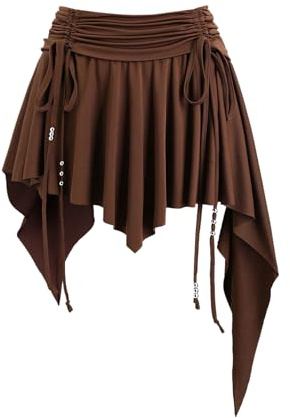 GORGLITTER Women's A Line Flared Western Cowgirl Skirt Festival Outfit | Y2K Asymmetrical Ruched Flowy Ruffle Mini Skirt, Cowgirl Outfits, Pirate Skirt