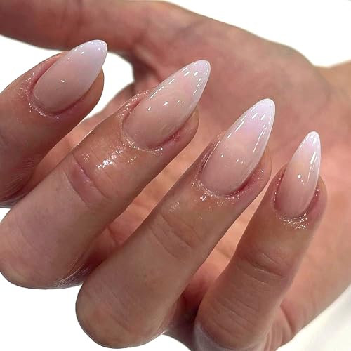 24PCS Almond False Nails - Gradient Fake Nails with Glue - Nude White Press on nails Almond - Medium Stick on Nails for Women - Full Cover Nail Tips and Glue Strong to DIY Nail Art