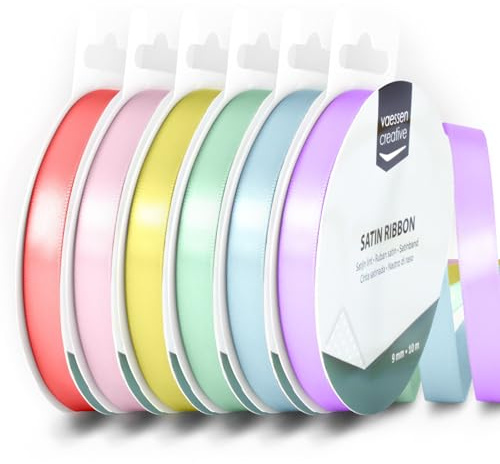 Vaessen Creative Satinband 9 mm x 10 m - Doppelseitiger Schleifenbänder und Dekoband zum Basteln - Geschenkband und Stoffbänder für Deko und Schateln - Pastell Farben Bunt - 6 Stück