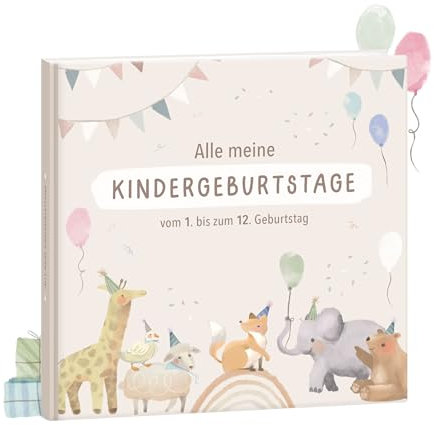 Mintkind Fotoalbum Kinder Beige – Erinnerungsbuch Kindergeburtstag mit Ausfüllseiten – Erinnerungsalbum 1 bis 12 Jahre – Geschenk zur Geburt für Jungen & Mädchen