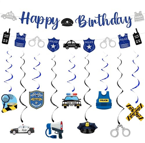 Polizei Geburtstag Deko Girlande Junge - Polizist Geburtstagsdeko mit Happy Birthday Banner und Hängende Wirbel, Polizeiauto Garland für Kindergeburtstag Police Mottoparty Dekoration