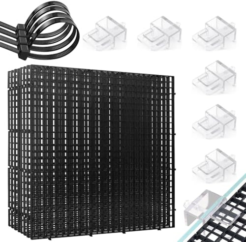 Ruioomeep Aquarium-Anti-Sprung-Set, 8 Stück Kunststoffgitter(30x30 cm) mit 6 Halterungen und 20 Kabelbindern,Aquarienabdeckung,Aquariumteiler für Bodenschutz und Aquascaping-Unterstützung (Schwarz)