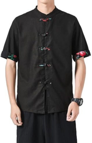 PANVER Kurzarm Herren Klassisch Chinesischer Stil Tangzhuang Casual Mode Knopfleiste Hemd Taiji Kampfkunst Kung Fu Traditionelle Kleidung Männer A-Black XL