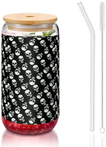 YBGHDAA Lot de 1 verre avec couvercle et paille Motif tête de mort Noir 473 ml