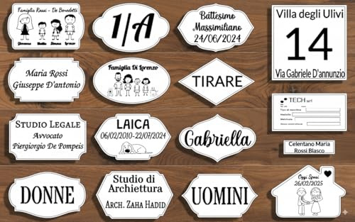 Targa Porta Ingresso Personalizzabile Bianco Opaco - Nome, Indirizzo, Design a Scelta, Targhetta Fuoriporta Laser Incisa Laminato Plastico