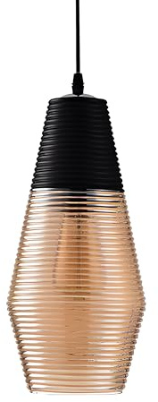 XIRYTU-H Lampe à Suspension Industrielle Moderne en Verre Ambre Strié, Plafonnier E27 Hauteur Réglable avec Abat-jour Noir et Ambre, Lampe Suspendue pour Cuisine Salle à Manger Chambre Bar (Φ16*33cm)