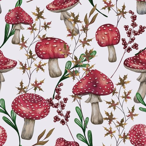 CRE8TIVE Carta da parati a forma di fungo rosso, autoadesiva, 30,5 x 300 cm, design naturale sulla carta da parati, foglie, grigio chiaro, viola, per soggiorno, camera da letto, vintage, pellicola