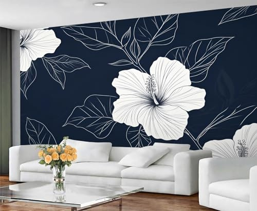 YXQAIED Floral Wallpaper, Navy Blue Floral Wallpaper for Living Room, Retro Dark Blue Bedroom Wall Paper, Not Self Adhesive 3D Large Mural & Home Decor Poster, 366x254cm