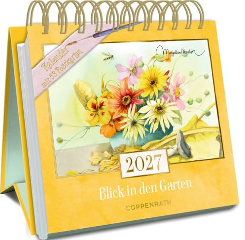 Kalender mit 53 Postkarten: 2027 - Blick in den Garten: Tischaufsteller mit Wochenkalendarium, illustrierten Postkarten mit Perforation (Postkartenkalender)