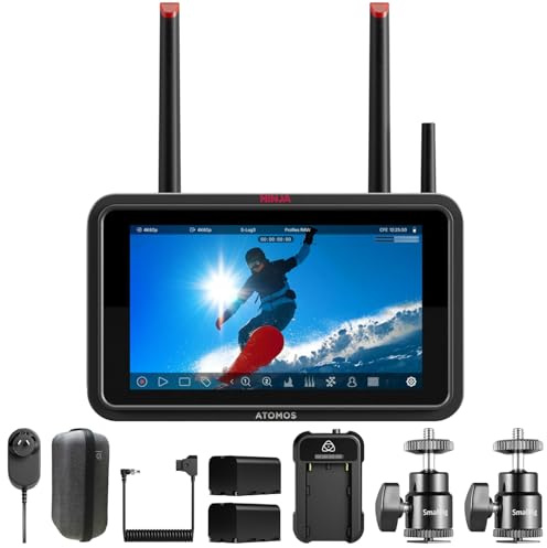 Atomos Ninja TX - Monitor de nube de cámara de 5.2 pulgadas, pantalla táctil profesional de resolución HDR con kit de alimentación universal y soporte de zapata de cámara de aleación de aluminio de 1