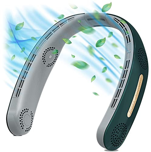 Janasiba Ventilateur de Cou, 4000MAh Portable Neck Fan 360° Bladeless Cooling Personal Neck Fan Rechargeable Hand-Free Neck Fan Vert