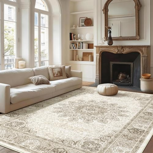 BYBSRLL Groß Vintage Teppich Wohnzimmer 160x230 cm - Weicher, Waschbarer & Rutschfester Kurzflor Teppiche, Orient Teppich Gegend für Esszimmer, Schlafzimmer, Kinderzimmer und Homeoffice, Alt-Beige