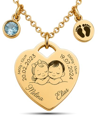 BS Schmuckdesign Personalisierte Kette Damen mit Gravur – Herzkette | mit Kindernamen, Geburtsdaten, Gewicht & Größe, Geburtsstein & Symbol, Geschenk Muttertag