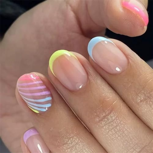 Press On Nails Short Almond, 24PC Fake Nails, Rainbow Twill French Style Glue on Nails, French Tip False Nails, Full Cover Tip False Nail for Women and Girls