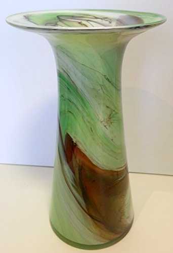 Vase en verre coloré, Vase en cristal soufflé a la bouche sur un pied de verre clair dans la couleur vert beige blanc exceptionnelle unikat Hauteur env. 29 cm Oberstdorfer Glashütte