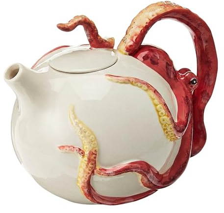 Blue Sky Ceramic Circular Octopus Teapot, 8.5 x 6.5 x 6.5, Red