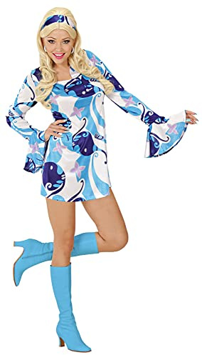 WIDMANN 70er Jahre Lady Retro Kostüm - Hippie Partykleid mit Haarband - Blau L Blau