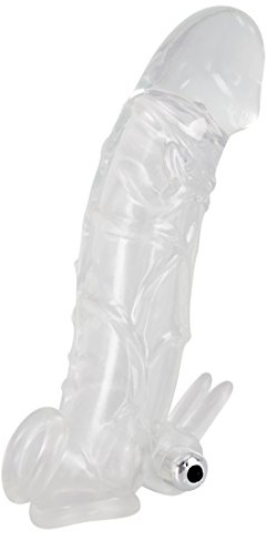 Crystal Skin Penishülle mit Vibro-Ei - transparenter Penis Sleeve mit herausnehmbarem Vibrator, Äderung und Eichel, Penis-Verlängerung und Verdickung