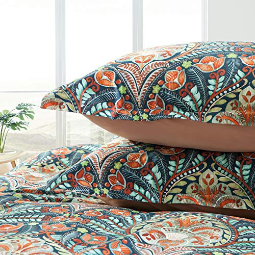 Eikei Home Damast-Medaillon Luxus-Bettwäsche-Set, Boho-Paisley-Druck, Fadenzahl 400, ägyptischer Baumwollsatin, lebendiges böhmisches Muster (Blau-Orange, King-Size)